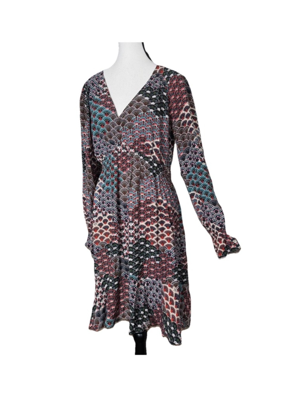 Anthropologie Maeve Monaco Empire Fan Print Mini Dress Medium Long Sleeve VNeck - Picture 4 of 10
